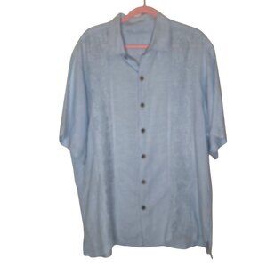 Caribbean Linen Button Up Shirt Mens XL Light Blue Embroidered Short Sleeve Trop
